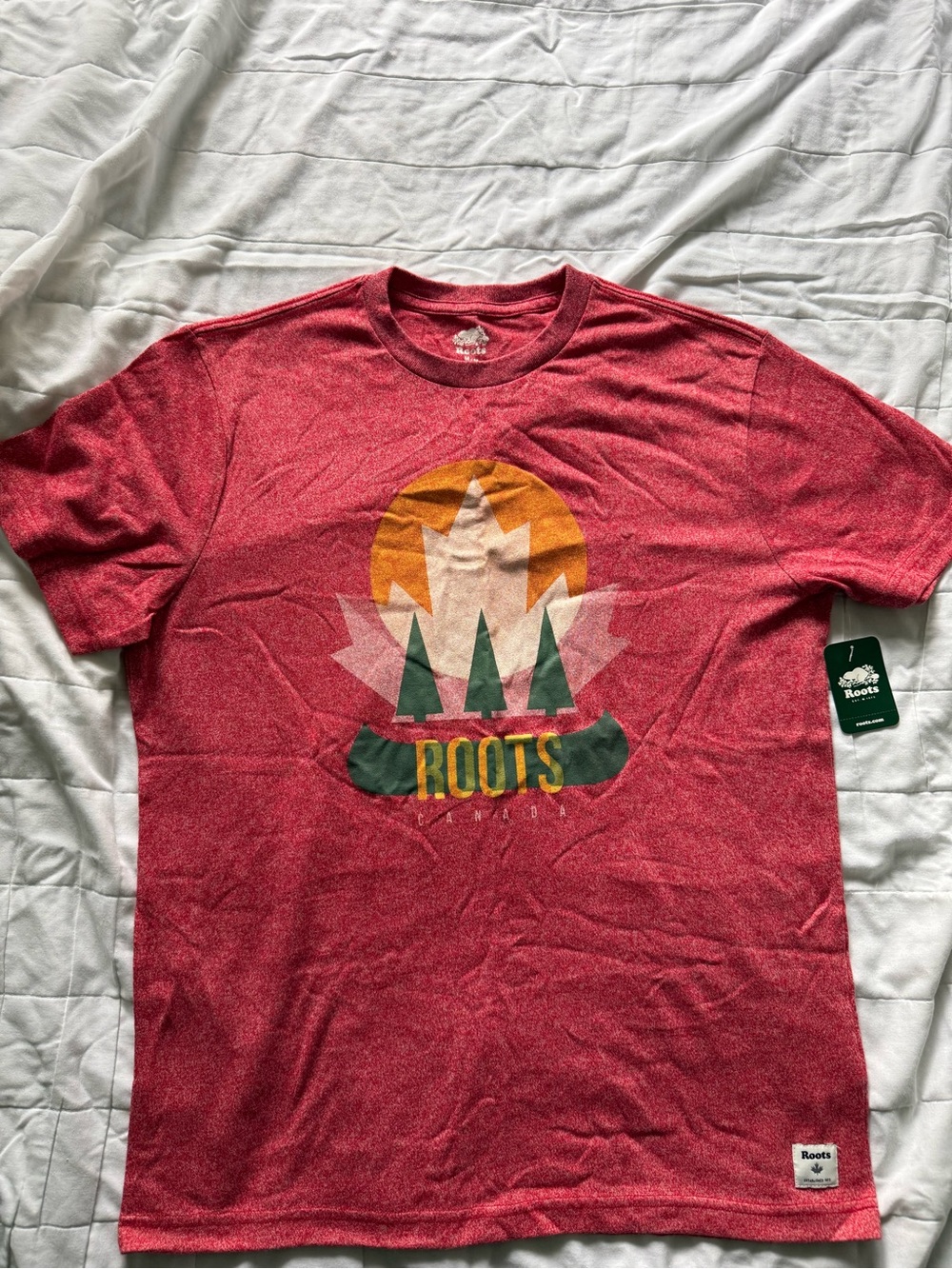 Roots Men's Red Graphic Crewneck T-Shirt with Green and Gold Accents